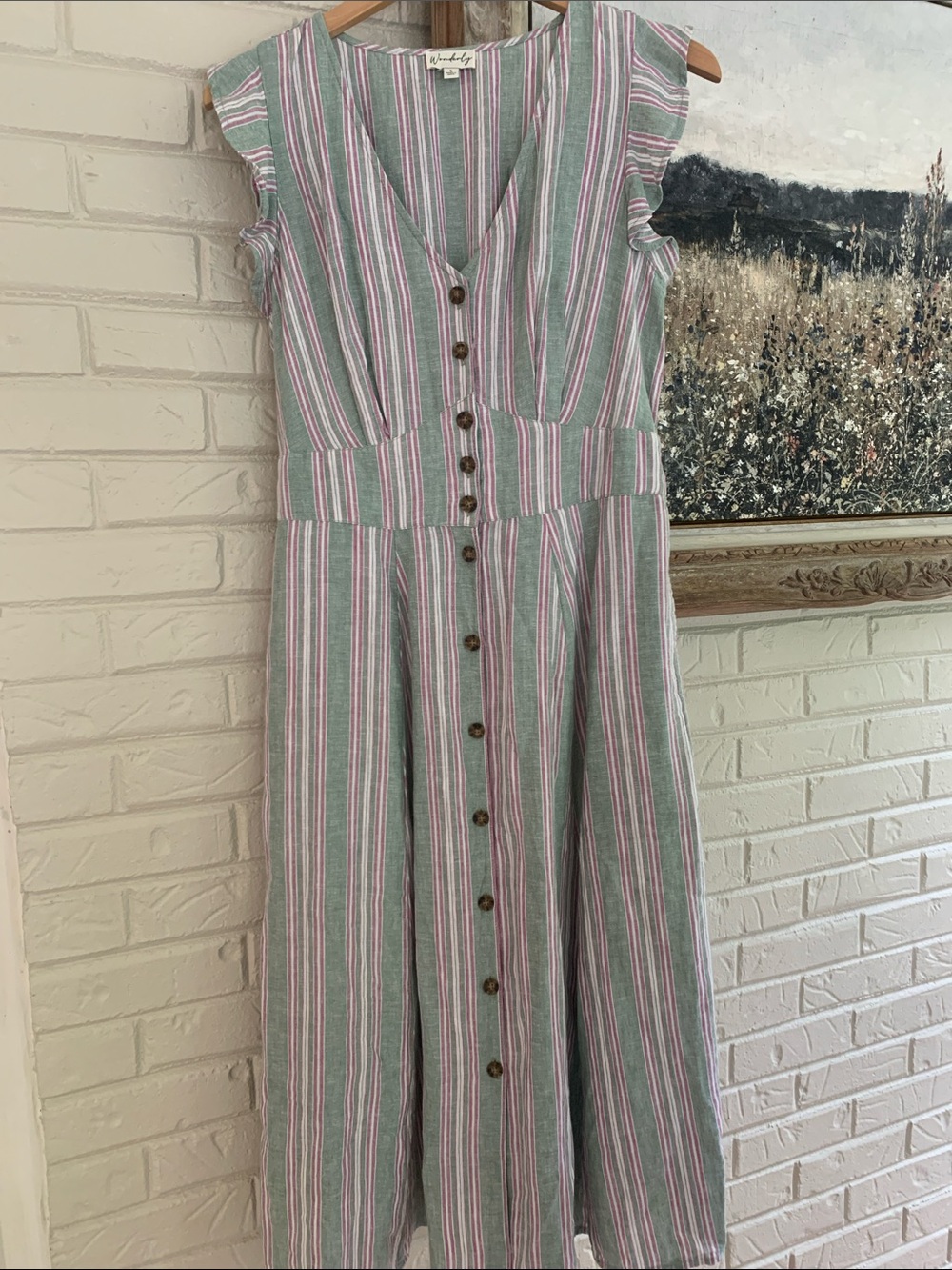 Button-Front Striped Midi Dress in Green and Pink